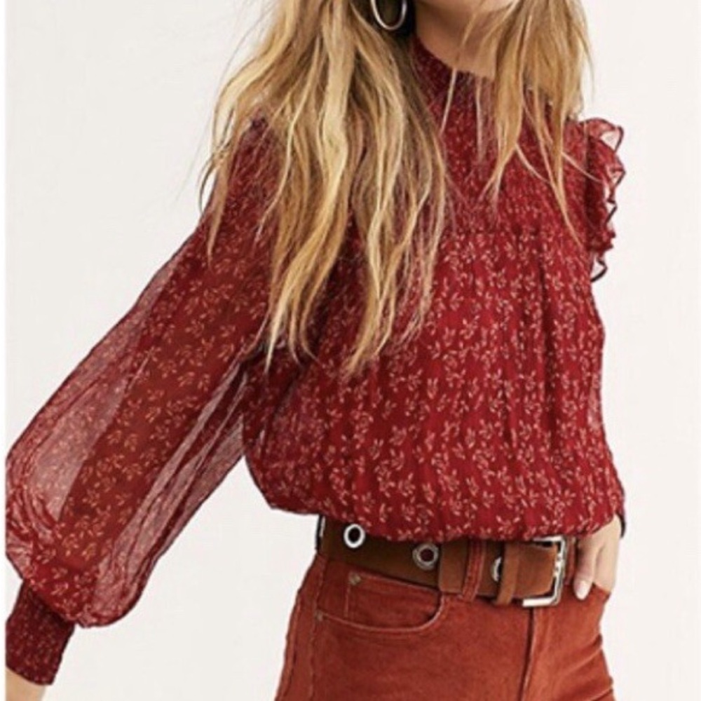 Free People Red Roma Blouse Sheer Floral Long Sleeve with Keyhole Back Small - Picture 3 of 15